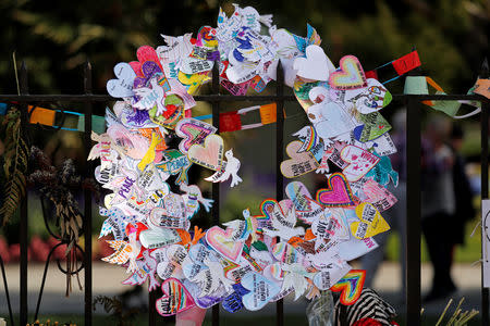 Messages are seen a memorial site for victims of Friday's shooting, in front of Christchurch Botanic Gardens in Christchurch, New Zealand March 19, 2019. REUTERS/Jorge Silva