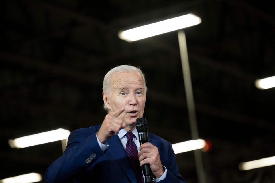 President Joe Biden gestures as he speaks about his economic plan "Bidenomics" at Auburn Manufacturing Inc. in Auburn, Maine, on July 28, 2023.