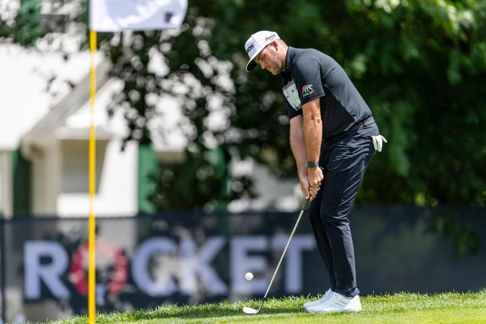 Taylor Pendrith hits his second shot on the par 3 ninth hole during the first round of the Rocket Mortgage Classic on Thursday, July 28, 2022, at Detroit Golf Club.