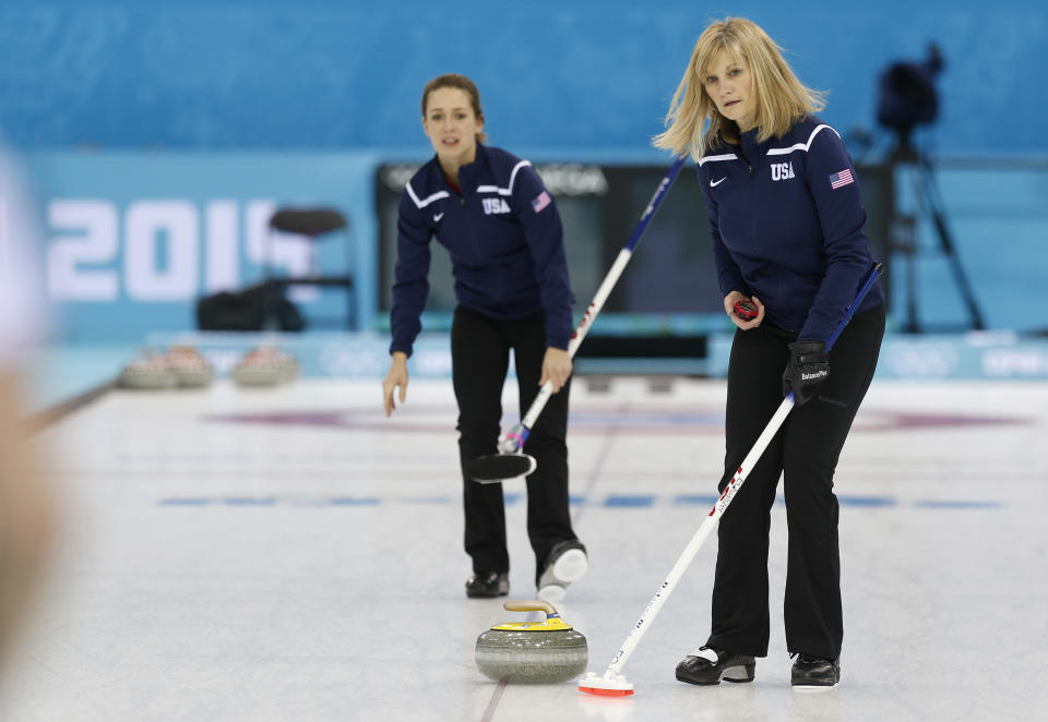 Team USA skip Erika Brown, right, uses a stopwatch to time the throw from teammate Jessica Schultz during the first day of curling training at the 2014 Winter Olympics, Saturday, Feb. 8, 2014, in Sochi, Russia. (AP Photo/Robert F. Bukaty)