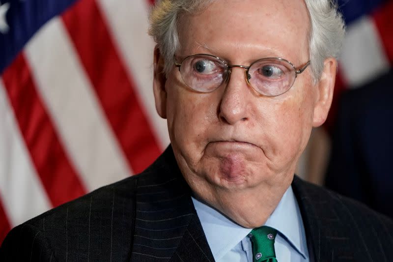 FILE PHOTO: Senate Majority Leader Mitch McConnell (R-KY) speaks to journalists in Washington