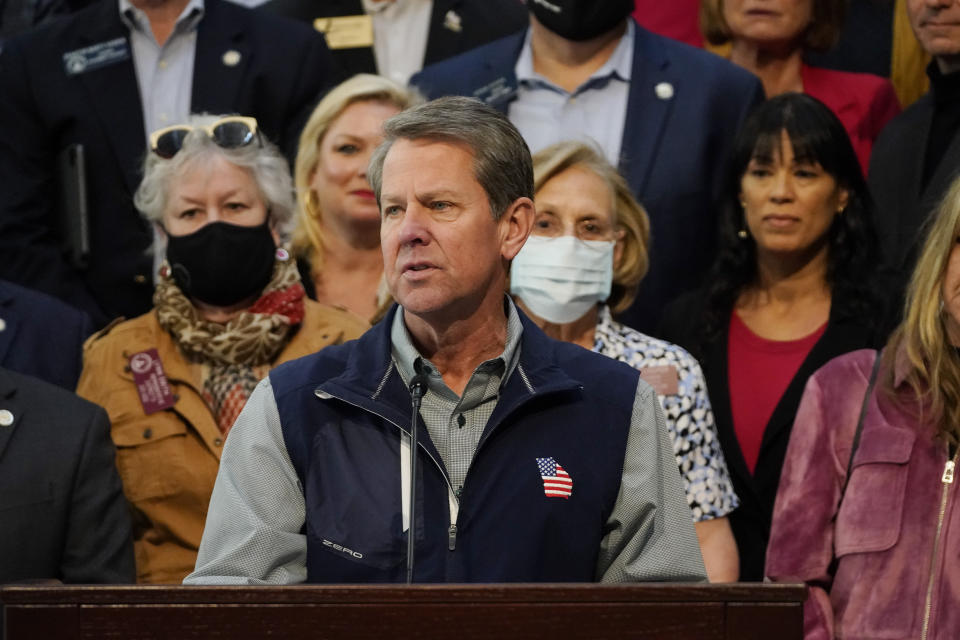 Georgia Gov. Brian Kemp speaks during a news conference at the State Capitol on Saturday, April 3, 2021, in Atlanta, about Major League Baseball's decision to pull the 2021 All-Star Game from Atlanta over the league's objection to a new Georgia voting law. (AP Photo/Brynn Anderson)