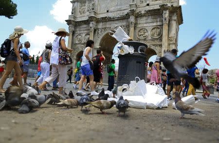 Tourists walk past the Arch of Constantine, as a pigeon flies next to a full garbage bin, in Rome July 12, 2015. REUTERS/Tony Gentile