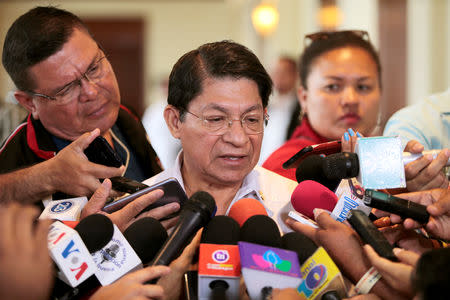 Nicaragua's Foreign Minister and member of the Government of Reconciliation and National Unity (GRUN) Denis Ronaldo Moncada Colindres speaks with journalists after a meeting with Cristobal Fernandez, chief of the Department of Cooperation and Electoral Observation of OAS in Managua, Nicaragua April 24, 2019. REUTERS/Oswaldo Rivas
