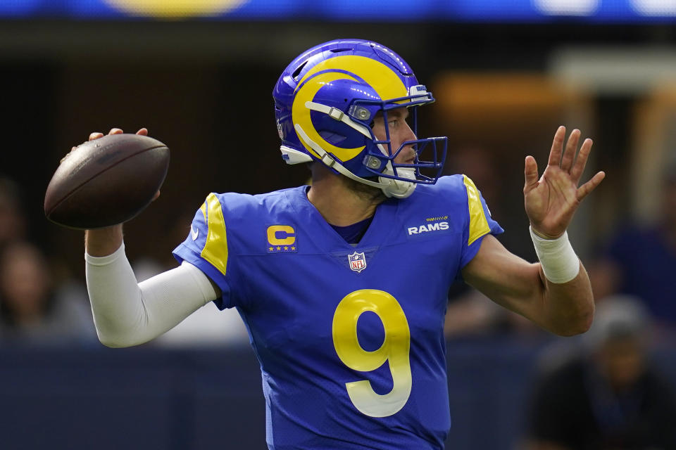 Los Angeles Rams quarterback Matthew Stafford passes during the first half of an NFL football game against the against the San Francisco 49ers Sunday, Oct. 30, 2022, in Inglewood, Calif. (AP Photo/Gregory Bull)