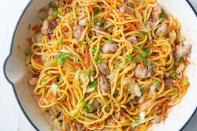 <p>Chow mein is our go-to for all types of meals, from an <a href="https://www.delish.com/uk/easy-dinner-ideas/" rel="nofollow noopener" target="_blank" data-ylk="slk:easy dinner;elm:context_link;itc:0;sec:content-canvas" class="link ">easy dinner</a> to a serious <a href="https://www.delish.com/uk/cocktails-drinks/a30873516/hangover-cures/" rel="nofollow noopener" target="_blank" data-ylk="slk:hangover;elm:context_link;itc:0;sec:content-canvas" class="link ">hangover</a>. We love the kick this recipe gets from fresh ginger, but if you're not a fan, skip it.</p><p>Get the <a href="https://www.delish.com/uk/cooking/recipes/a30959950/chicken-chow-mein-recipe/" rel="nofollow noopener" target="_blank" data-ylk="slk:Chicken Chow Mein;elm:context_link;itc:0;sec:content-canvas" class="link ">Chicken Chow Mein</a> recipe.</p>