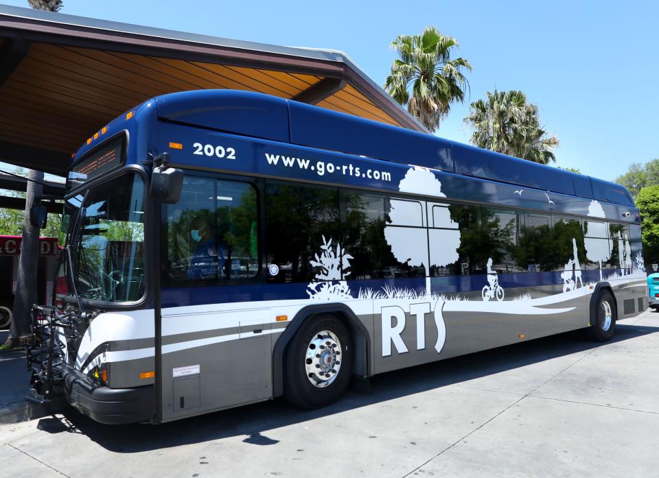 One of the three RTS electric buses that cost more than a million dollars, at the Rosa Parks Transfer Station in Gainesville Fla. April 13, 2021.