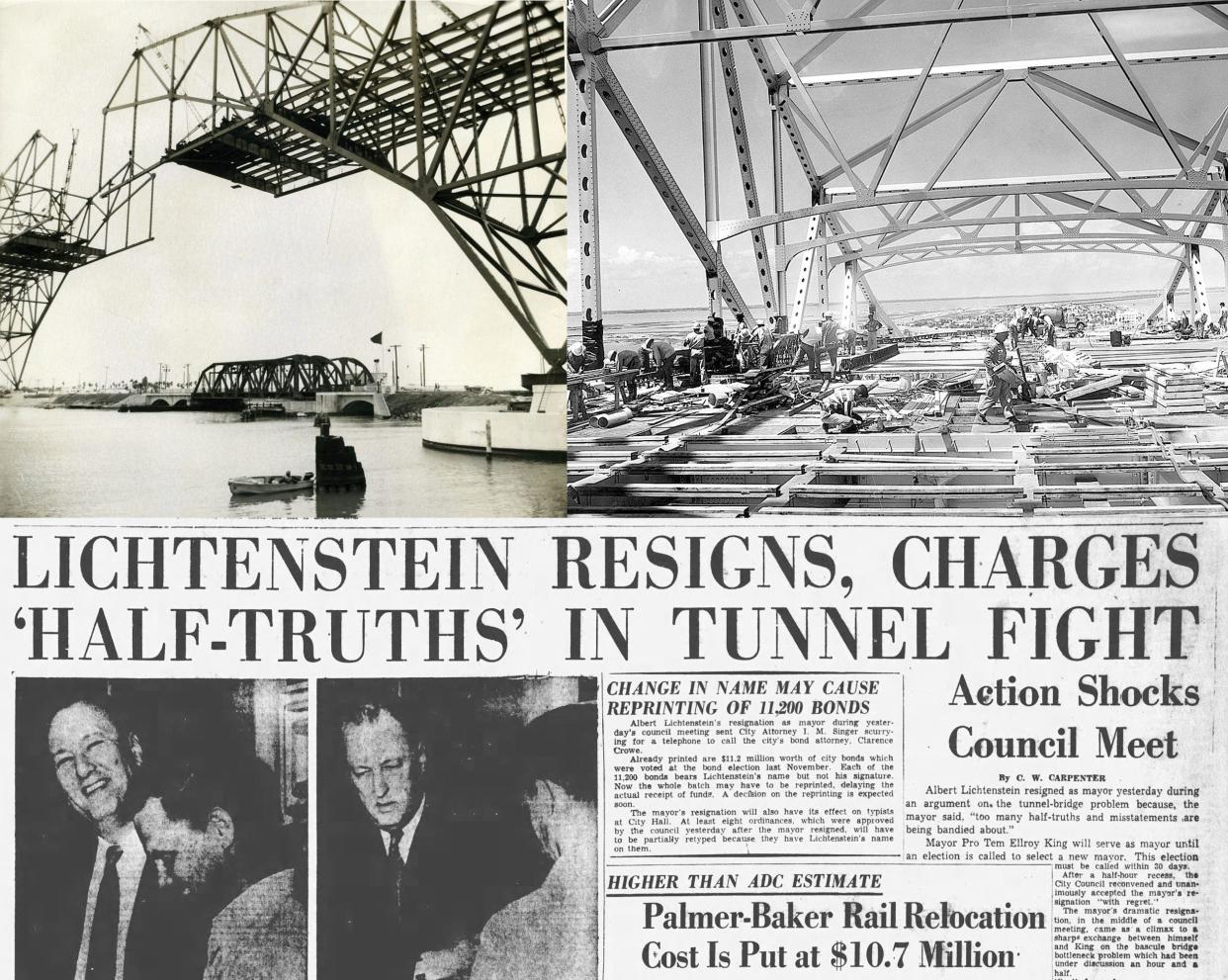 TOP LEFT: The bascule bridge operates in the shadow of the Harbor Bridge construction in March 1959. TOP RIGHT: Construction workers continue laying the road surface on the Harbor Bridge in Corpus Christi on July 23, 1959. BOTTOM: The front page of the Corpus Christi Caller on March 25, 1954, details the resignation of Mayor Albert Lichtenstein over the tunnel versus bridge controversy.