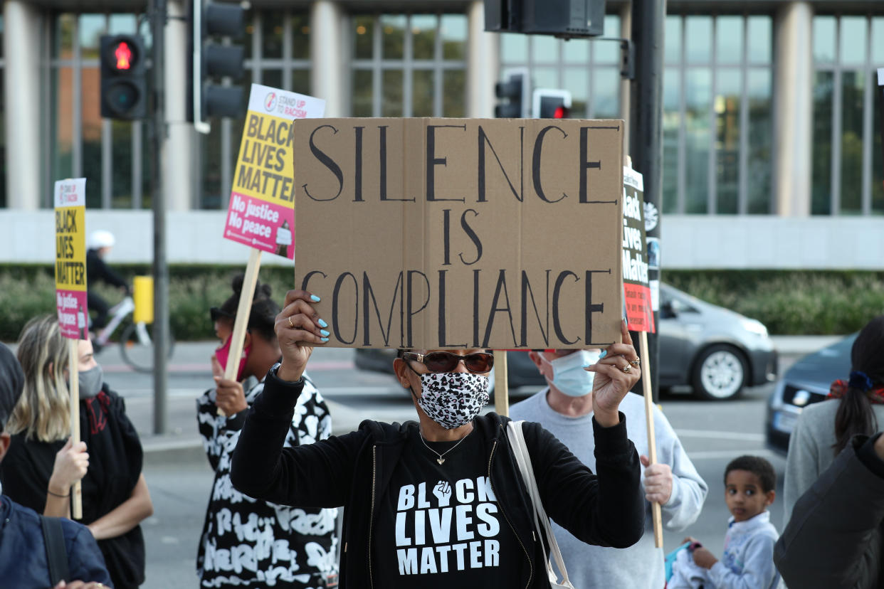 Protesters outside the US Embassy in London, as part of an anti-racism demonstration coinciding with the start of the trial of the four police officers charged with the murder of George Floyd in the US.