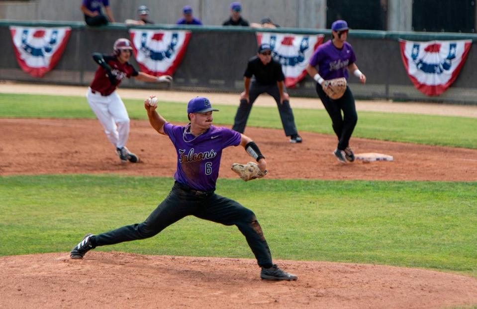 Folsom Lake College’s Andrew Neil (6) pitches against Sierra College on Sunday in the California community college baseball state championship tournament at Folsom Lake College.