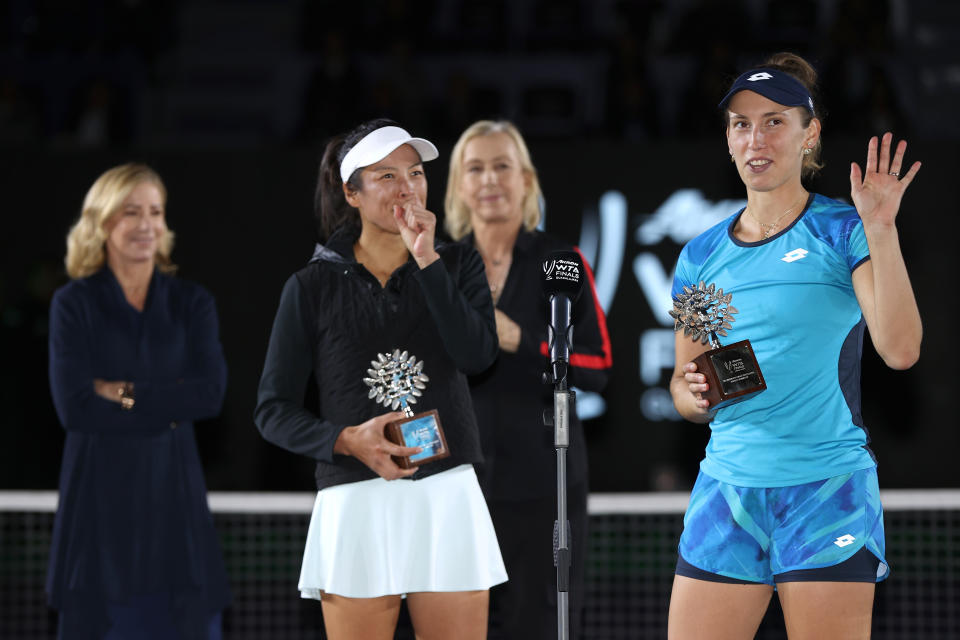 GUADALAJARA, MEXICO - NOVEMBER 17: Finalists Su-Wei Hsieh of Chinese Taipei  and Elise Mertens of Belgium talk to the public after  the Women's Doubles final match against Barbora Krejcikova of Czech Republic and Katerina Siniakova of Czech Republic during Day 8 of 2021 Akron WTA Finals Guadalajara at Centro Panamericano de Tenis on November 17, 2021 in Guadalajara, Mexico. (Photo by Matthew Stockman/Getty Images,)