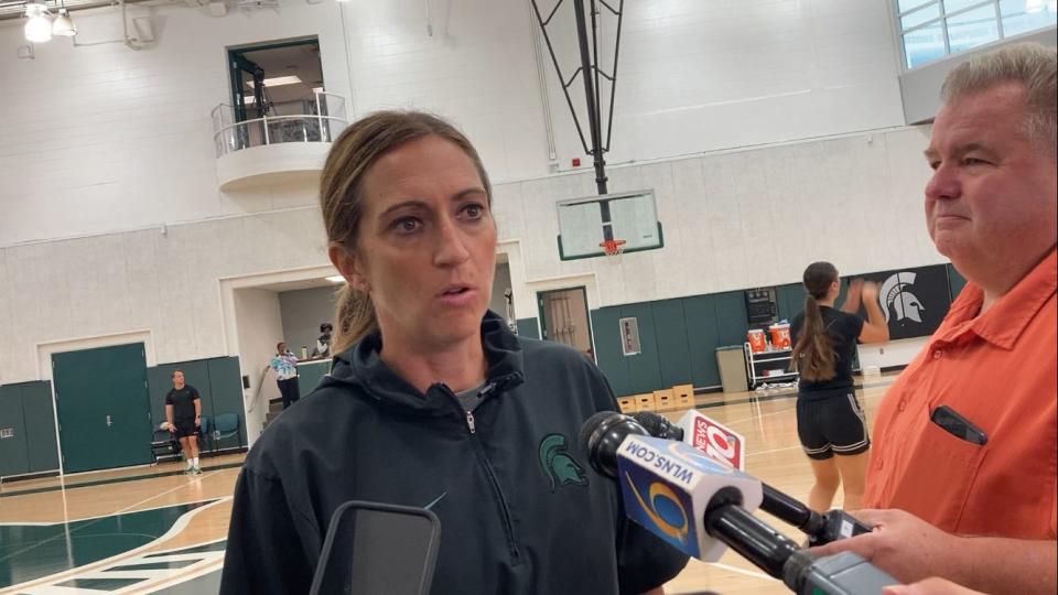 Michigan State women's basketball coach Robyn Fralick answers questions from the media prior to conducting her first official practice leading the Spartans on Thursday, Sept. 28, 2023.
