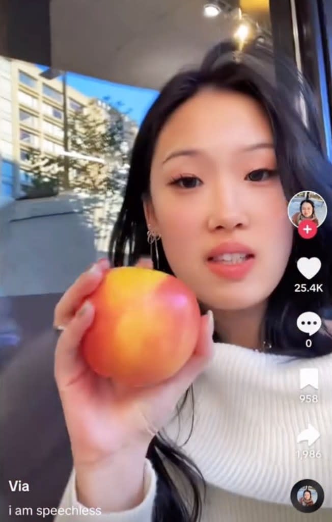 “Literally just did grocery shopping at Whole Foods and look at this,” she raged. “Guess how much this is. This is an apple, it’s called a Sugarbee f–king apple apparently and look at it.” Via Li/TikTok