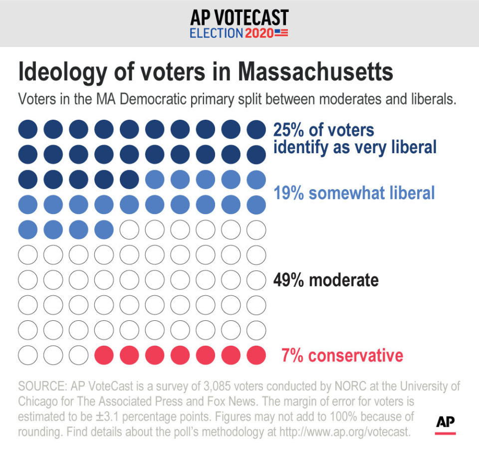 Ideological breakdown of Democratic voters in Massachusetts;