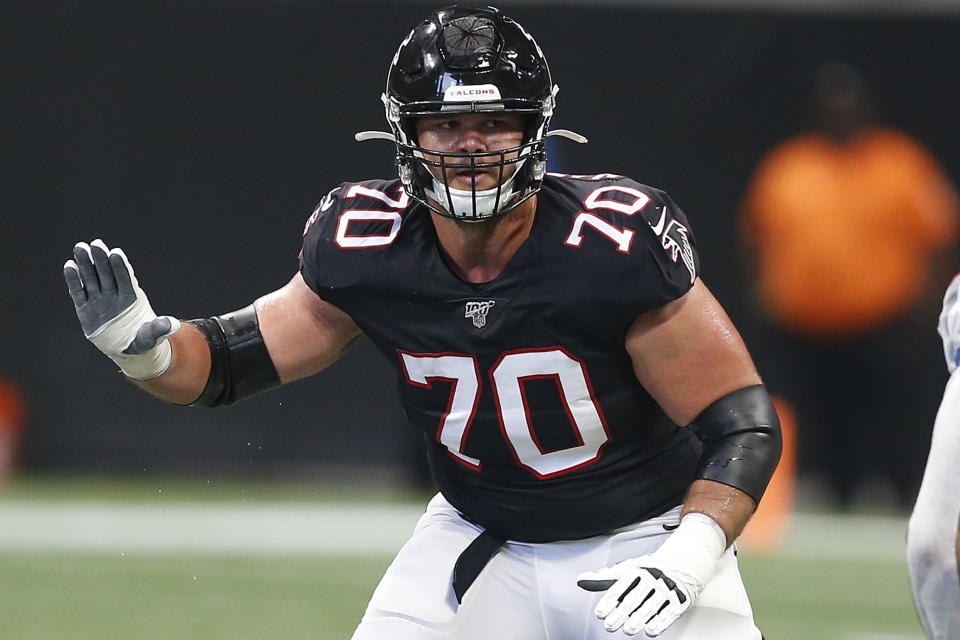 FILE - In this Sept. 29, 2019, file photo, Atlanta Falcons offensive tackle Jake Matthews (70) looks to block during an NFL football game against the Tennessee Titans in Atlanta. With sports still largely on hold because of the coronavirus pandemic, athletes and coaches have been looking for ways to pass all that unexpected free time. For Atlanta Falcons lineman Jake Matthews, it's brushing up on his grilling skills. (AP Photo/Michael Zarrilli, File)