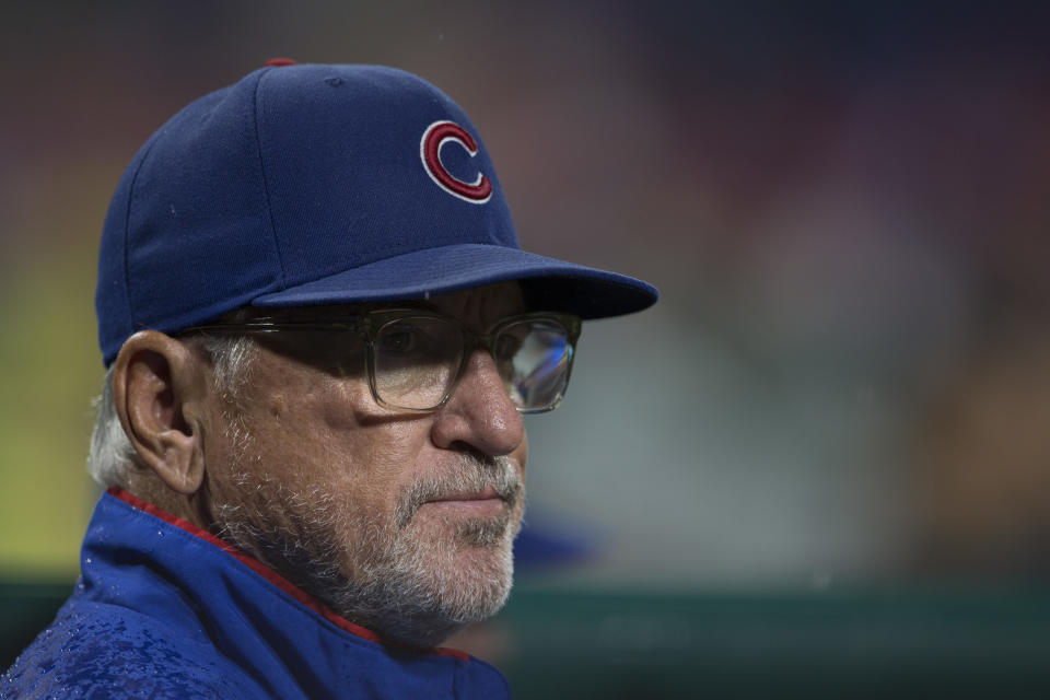 Joe Maddon hasn’t read Melisa Reidy’s blog post accusing her ex-husband, Addison Russell, of years of mental and physical abuse. (Photo by Mitchell Leff/Getty Images)