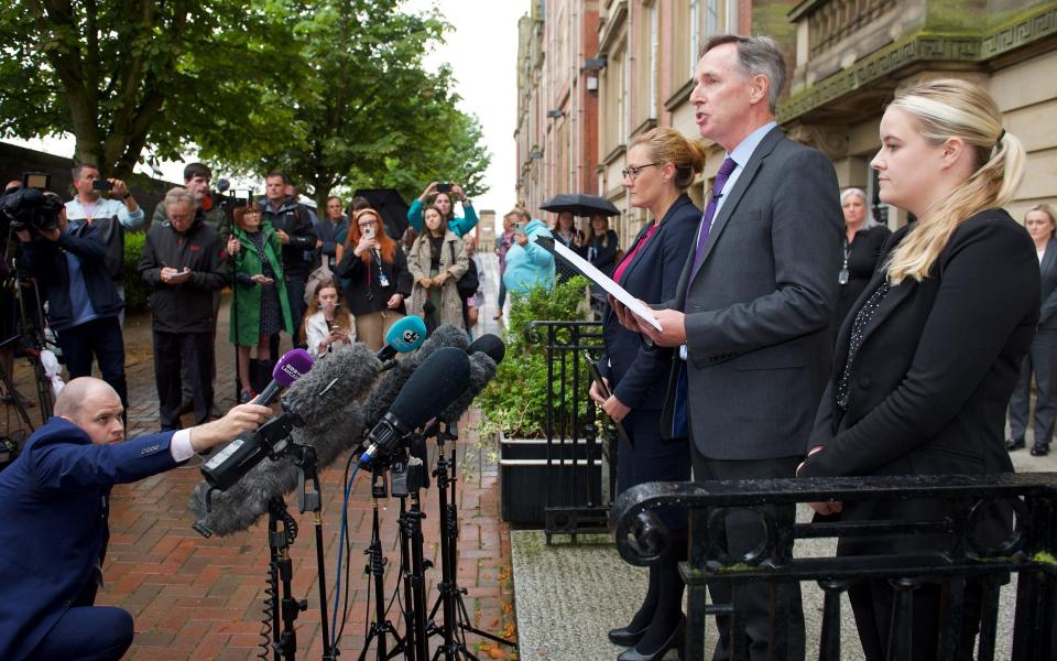 Family solicitor Terry Wilcox and Detective Chief Superintendent Pauline Stables give statements outside inquest