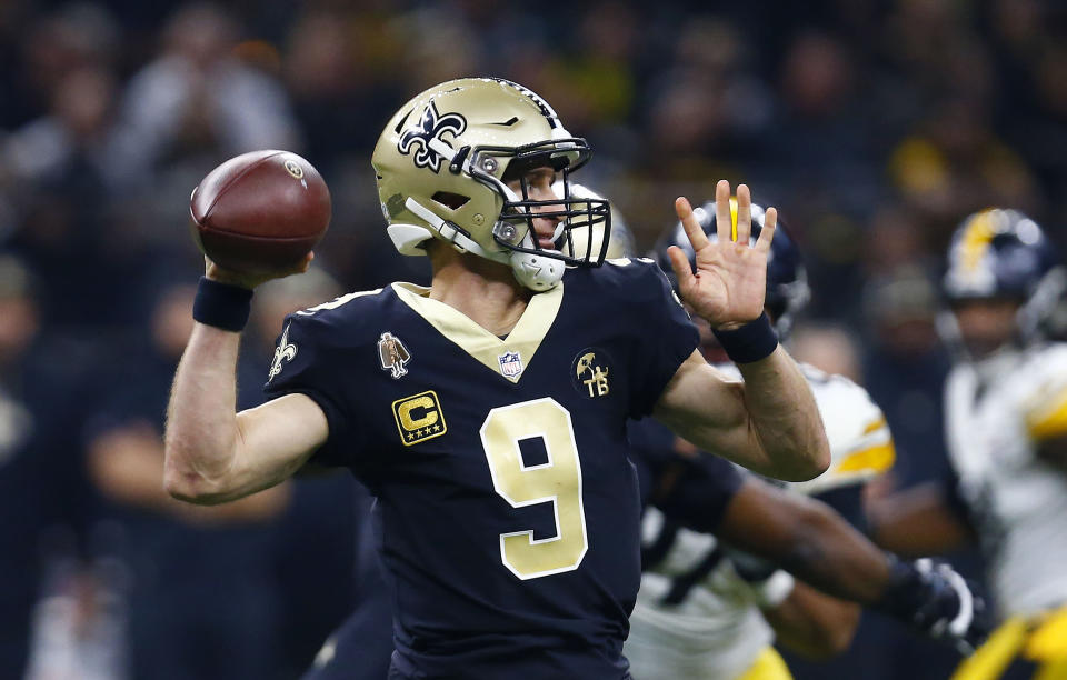 New Orleans Saints quarterback Drew Brees (9) passes in the first half of an NFL football game against the Pittsburgh Steelers in New Orleans, Sunday, Dec. 23, 2018. (AP Photo/Butch Dill)