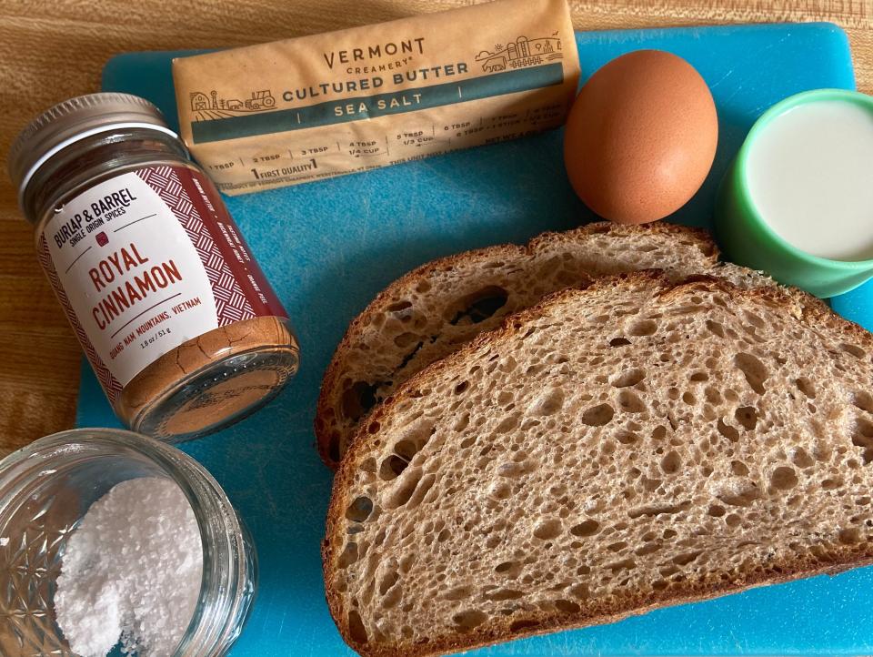 ingredients for french toast laid out on a kitchen counter