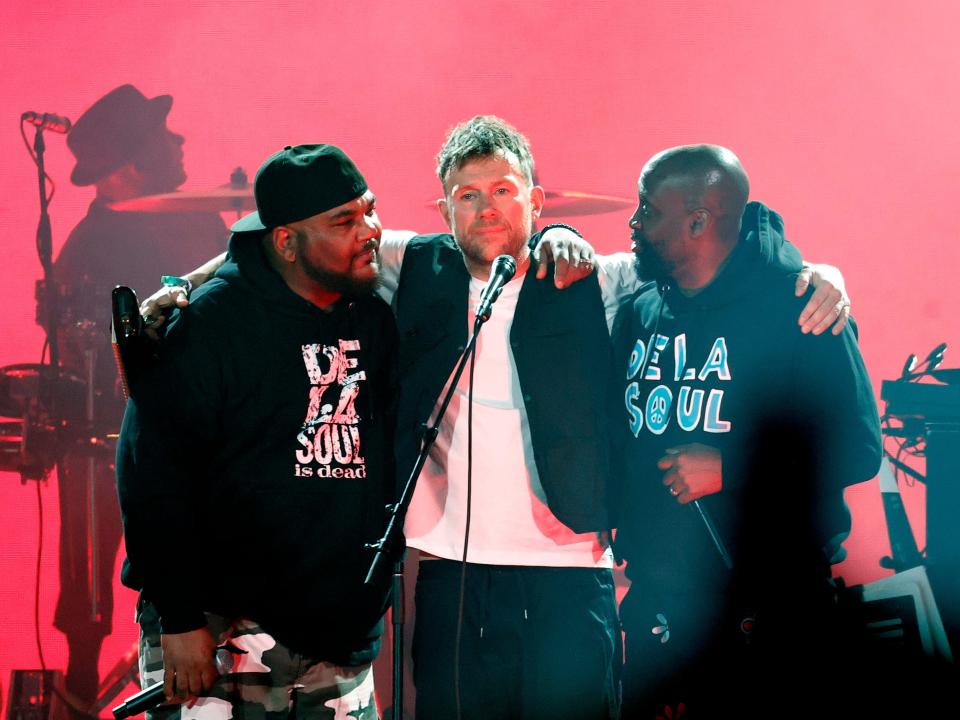 Vincent Mason of De La Soul, Damon Albarn of Gorillaz, and Kelvin Mercer of De La Soul perform at the Coachella Stage during the 2023 Coachella Valley Music and Arts Festival on April 14, 2023 in Indio, California.