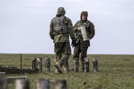 Ukraine's voluntary militia called the Azov Battalion holds artillery training in east Ukraine's village of Urzuf that sits west of the port city of Mariupol on the Azov Sea, March 19, 2015. REUTERS/Marko Djurica