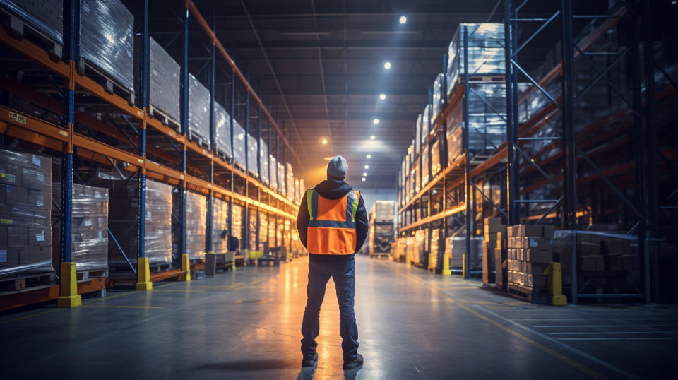 A warehouse manager inspecting a design and structure of a modern warehouse.