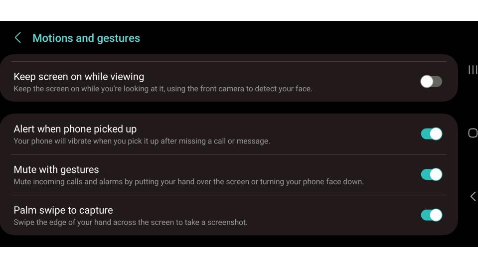 A gestures settings screen on a Samsung phone