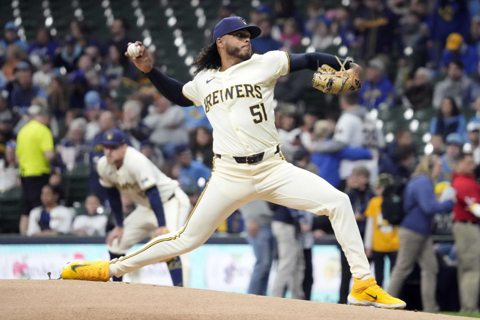 Milwaukee Brewers pitcher Freddy Peralta (51) throws during the first inning of a baseball game against the Seattle Mariners Friday, April 5, 2024, in Milwaukee. (AP Photo/Kayla Wolf)