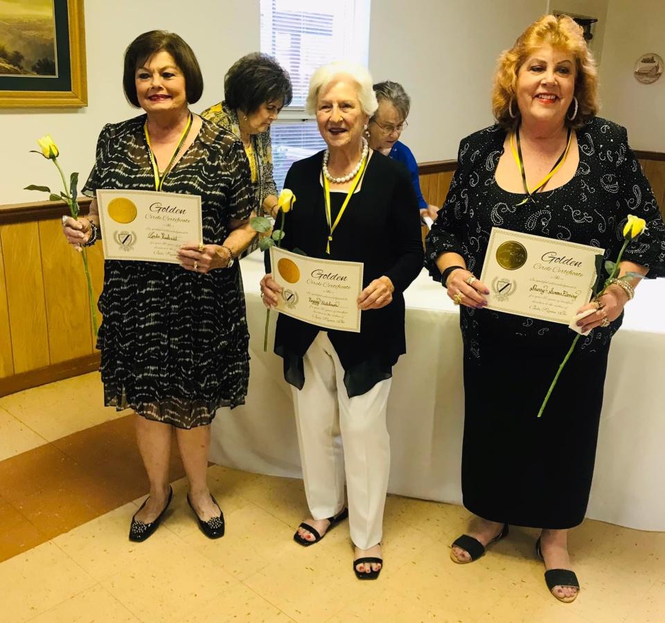 Beta Sigma Phi members Sherry Simms-Flemming and Linda Kuehnast with Xi Alpha Sigma and Peggy Hutcheson with Preceptor Lambda Iota celebrated 50 years in Beta Sigma Phi and were honored with a Golden Circle Ritual.