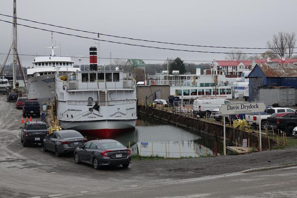 Kingston-based cruise boats are shown at the Davis Drydock on April 18, 2024. Several of the vessels are stuck on the wrong side of the LaSalle Causeway, where a bridge was damaged in late March and remains shut down.