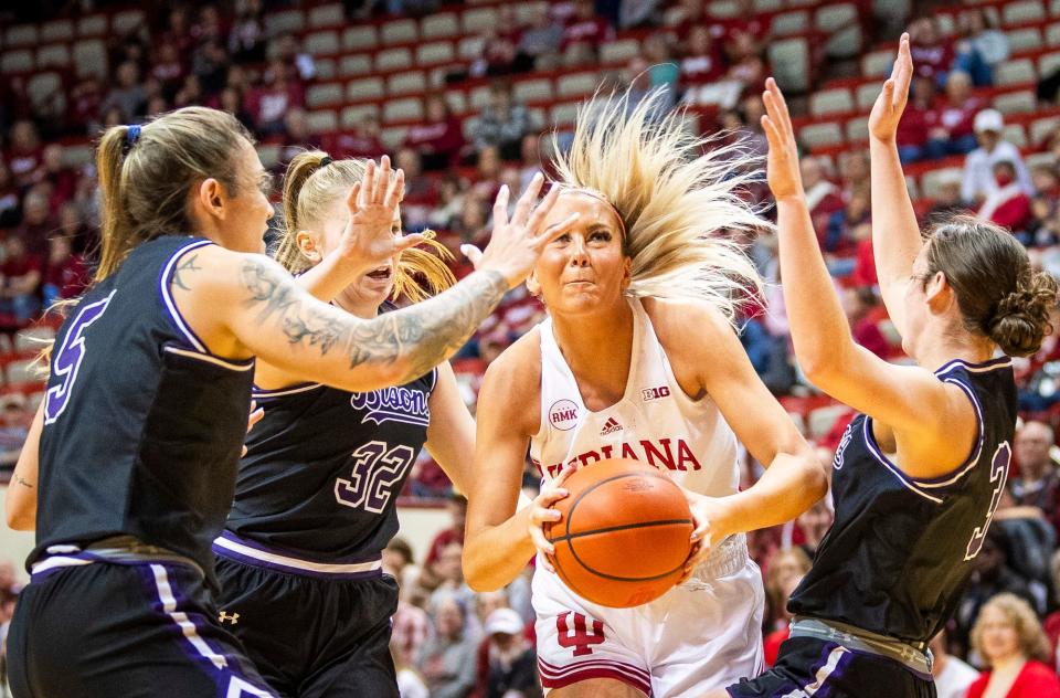 Indiana's Sydney Parrish (33) drives during the first half of the Indiana versus Lipscomb women's basketball game at Simon Skjodt Assembly Hall on Sunday, Nov. 19, 2023.