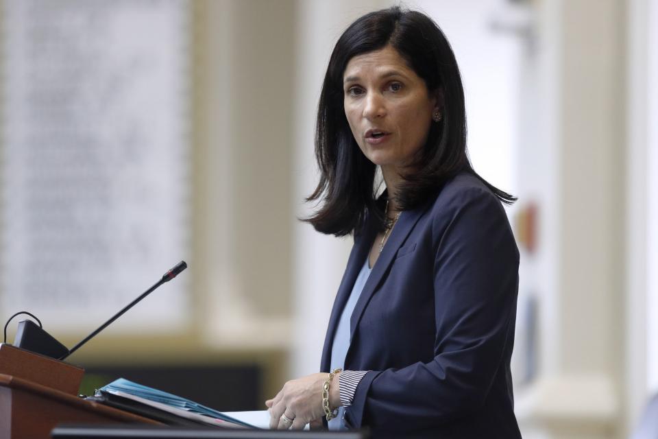 FILE - In this March 17, 2020, file photo, House speaker Sara Gideon, D-Freeport, conducts business in the House Chamber at the State House in Augusta, Maine. Gideon is one of three Democrat candidates seeking the party's nomination for U.S. Senate in the July 14 primary. (AP Photo/Robert F. Bukaty, File)