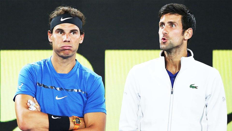 Rafael Nadal (pictured left) reacts next to Novak Djokovic (pictured right) at the Tie Break Tens ahead of the 2018 Australian Open.