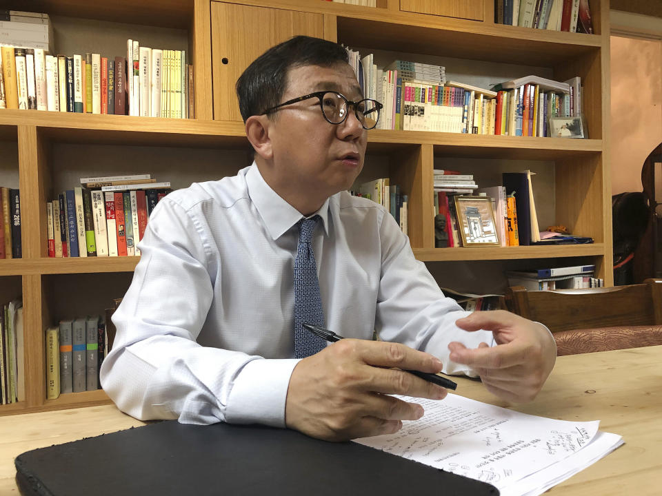 In this Aug. 13, 2019, photo, Lee Won-deok, an expert on Japan at Seoul's Kookmin University, speaks during an interview in Seoul, South Korea. There’s now worry that continuing bad relations with Japan will hurt the South’s economy and ruin bilateral security cooperation over nuclear North Korea and China’s growing influence, said Lee. (AP Photo/Chang Yong Jun)