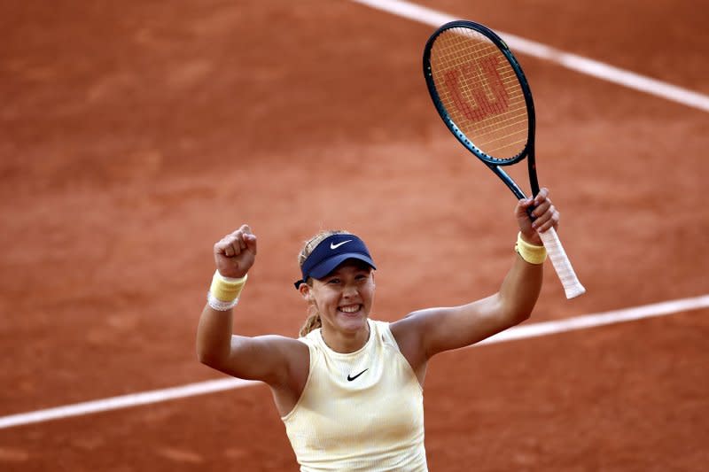 Mirra Andreeva of Russia celebrates winning a 2024 French Open quarterfinal match against Aryna Sabalenka of Belarus on Wednesday at Roland Garros in Paris. Photo by Yoan Valat/EPA-EFE