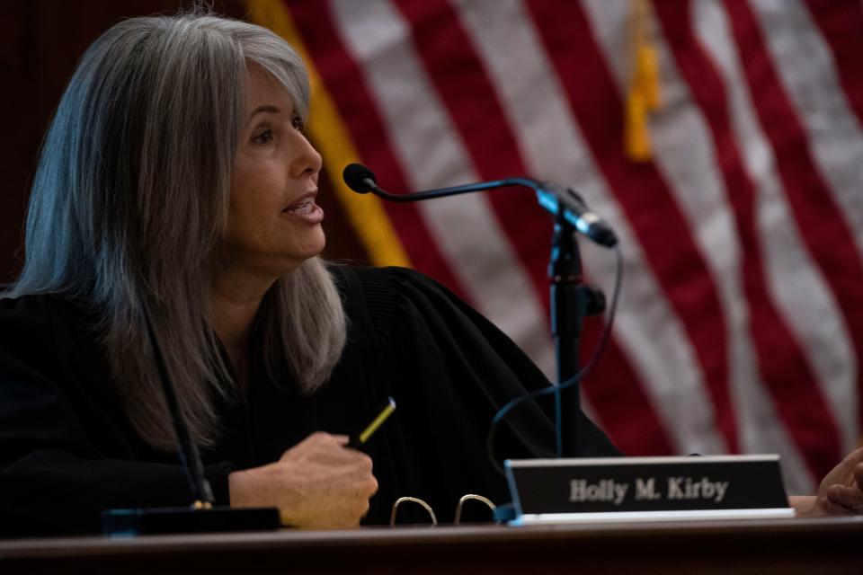Supreme Court Justice Holly Kirby questions an attorney during a hearing on the Kingston coal ash workers' case at the Tennessee Supreme Court in Nashville, Tenn., Wednesday, June 1, 2022.