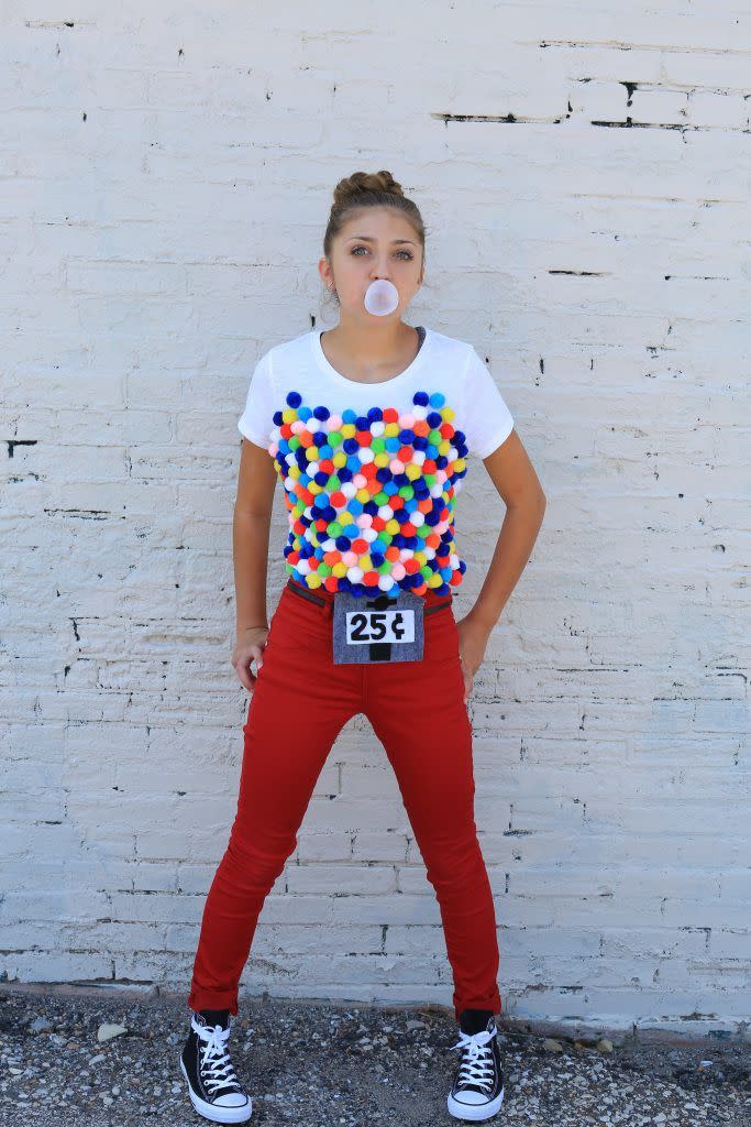 <p>Anyone with a hot glue gun can cover a plain white t-shirt with pom-poms for a last-minute costume as sweet as bubblegum.</p><p><strong>Get the tutorial at <a href="http://www.cutegirlshairstyles.com/lifestyle/10-diy-food-halloween-costumes-kamri-noel/" rel="nofollow noopener" target="_blank" data-ylk="slk:Cute Girls Hairstyles;elm:context_link;itc:0;sec:content-canvas" class="link ">Cute Girls Hairstyles</a>.</strong></p><p><strong><a class="link " href="https://www.amazon.com/Acerich-SKU-024-1-Assorted-Multicolor-Decorations/dp/B0773MQY4H/?tag=syn-yahoo-20&ascsubtag=%5Bartid%7C10050.g.23785711%5Bsrc%7Cyahoo-us" rel="nofollow noopener" target="_blank" data-ylk="slk:SHOP CRAFT POM-POMS;elm:context_link;itc:0;sec:content-canvas">SHOP CRAFT POM-POMS</a></strong></p>