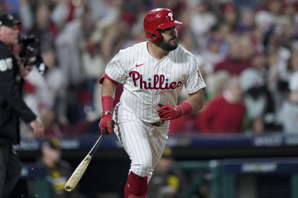 Philadelphia Phillies' Kyle Schwarber watches his home run during the first inning in Game 3 of the baseball NL Championship Series between the San Diego Padres and the Philadelphia Phillies on Friday, Oct. 21, 2022, in Philadelphia.(AP Photo/Matt Slocum)