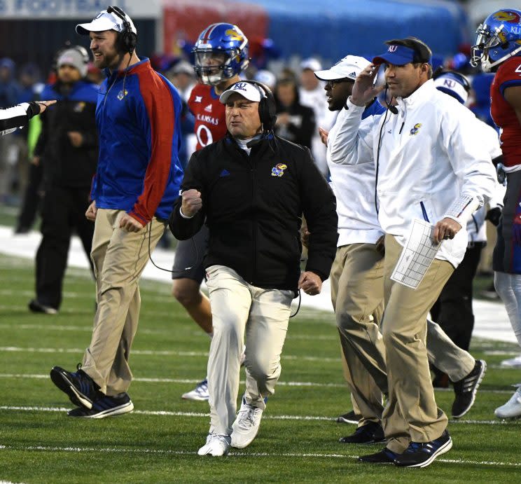 Kansas coach David Beaty during the Jayhawks’ win over Texas in 2016. (Getty)