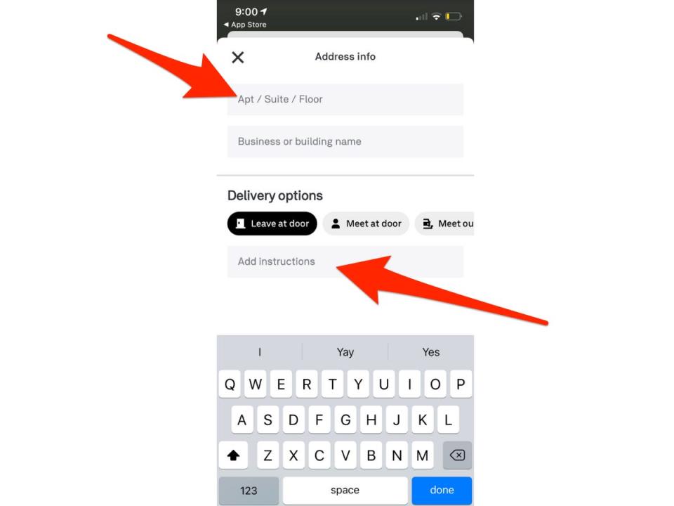 screenshot of the postmate's app with arrows pointing to important home and address information