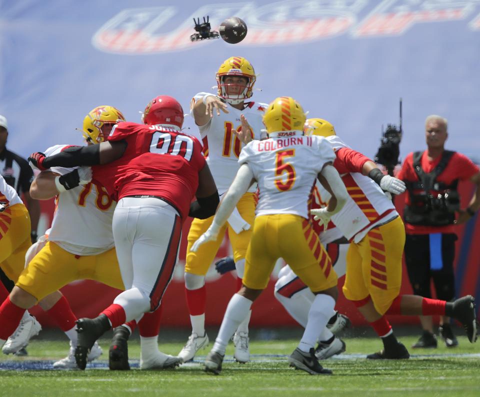 Philadelphia Stars quarterback Case Cookus throws a pass in his team's USFL semifinal win over the New Jersey Generals at Tom Benson Hall of Fame Stadium, June 25, 2022.