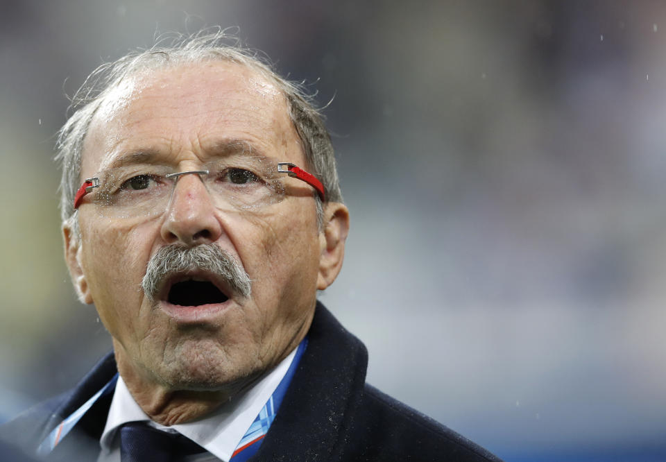 FILE - In this Friday, Feb. 1, 2019 file photo, France head coach Jacques Brunel shouts out before the Six Nations rugby union international between France and Wales at the Stade de France in Saint Denis near Paris. An expression does the rounds each time France’s struggling rugby team throws away yet another winning position. “C’est dans la Tete” (It’s in the Mind), players past and present agree. Brunel continues to say France does not have a psychological weakness, despite his side losing nine out of 12 matches. (AP Photo/Christophe Ena, File)