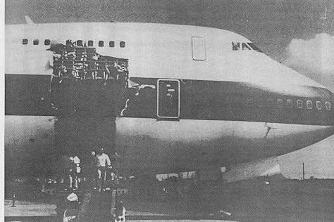 On February 24, 1989, nine people were killed when a 10-by-40-foot section of a United Airlines 747 ripped away from the jetliner's outer skin on a flight from Hawaii to New Zealand. File Photo courtesy of the National Transportation Safety Board