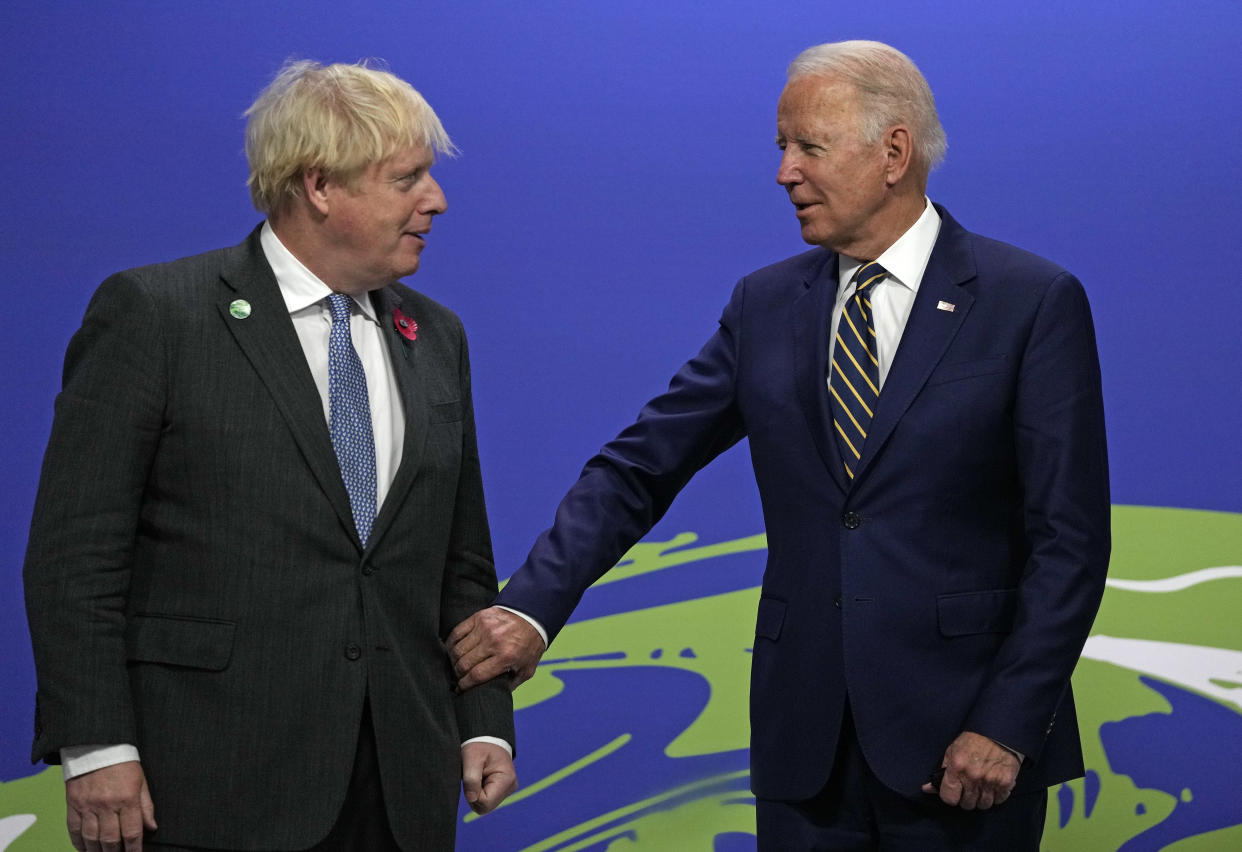 Prime Minister Boris Johnson (left) greets US President Joe Biden at the Cop26 summit at the Scottish Event Campus (SEC) in Glasgow. Picture date: Monday November 1, 2021.