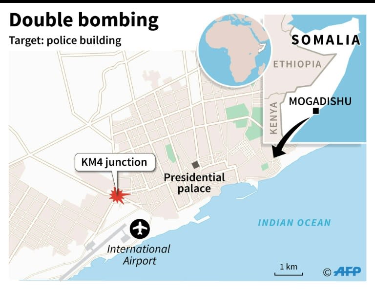 Somali soldiers secure a partially-crumbled perimeter wall following twin car bombings outside UN buildings in Mogadishu on July 26