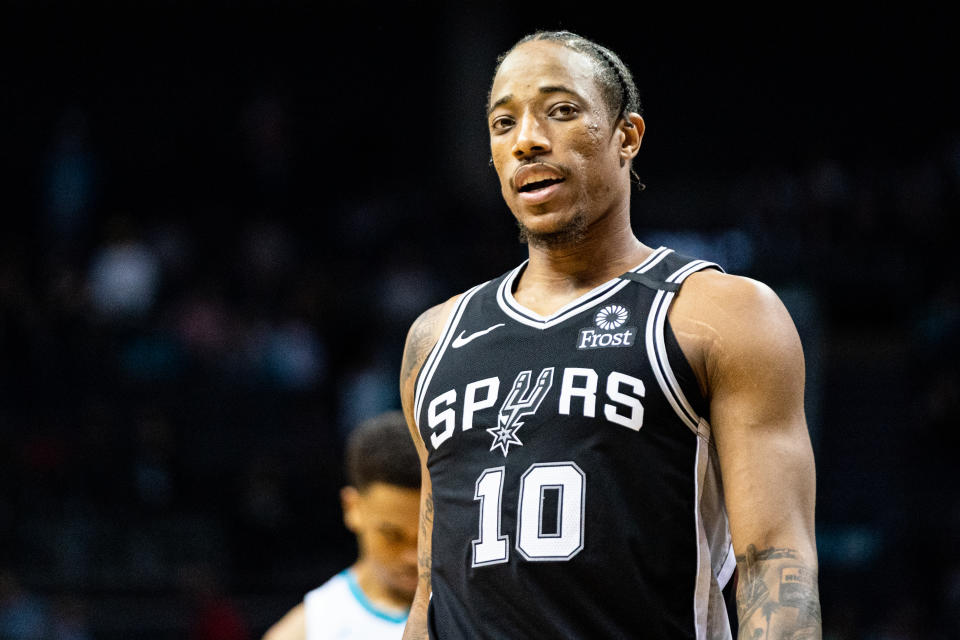 CHARLOTTE, NORTH CAROLINA - MARCH 03: DeMar DeRozan #10 of the San Antonio Spurs looks on during the fourth quarter of the game against the Charlotte Hornets at Spectrum Center on March 03, 2020 in Charlotte, North Carolina. NOTE TO USER: User expressly acknowledges and agrees that, by downloading and/or using this photograph, user is consenting to the terms and conditions of the Getty Images License Agreement. (Photo by Jacob Kupferman/Getty Images)