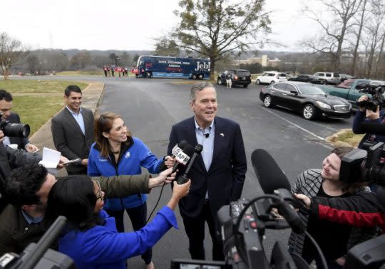 Jeb Bush speaks to the media at a polling station in Greenville, S.C., in February. (Photo: Rainier Ehrhardt/Reuters).