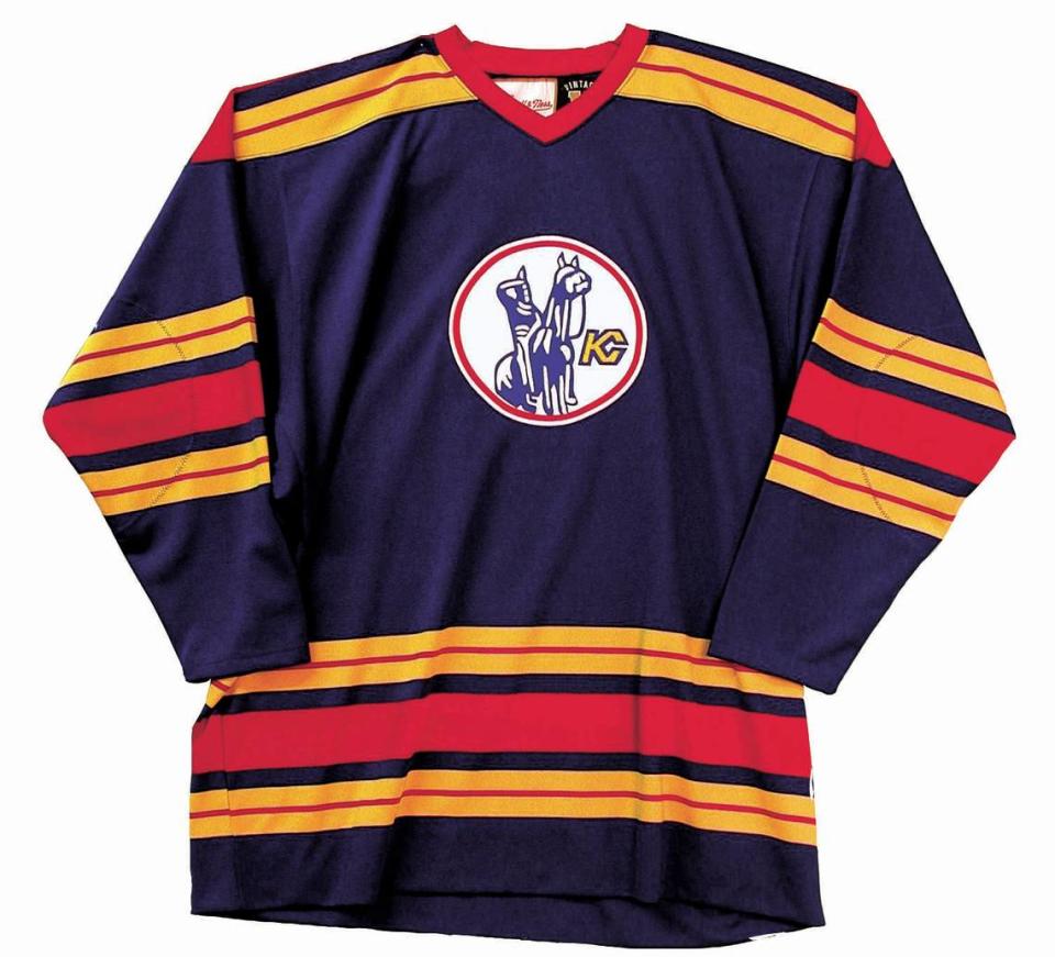 A 1975 Kansas City Scouts hockey jersey for road games, with the namesake statue. File photo