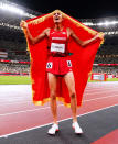 <p>Soufiane Elbakkali of Morocco wins the gold medal after the Men's 3000m Steeplechase at Olympic Stadium on August 2.</p>