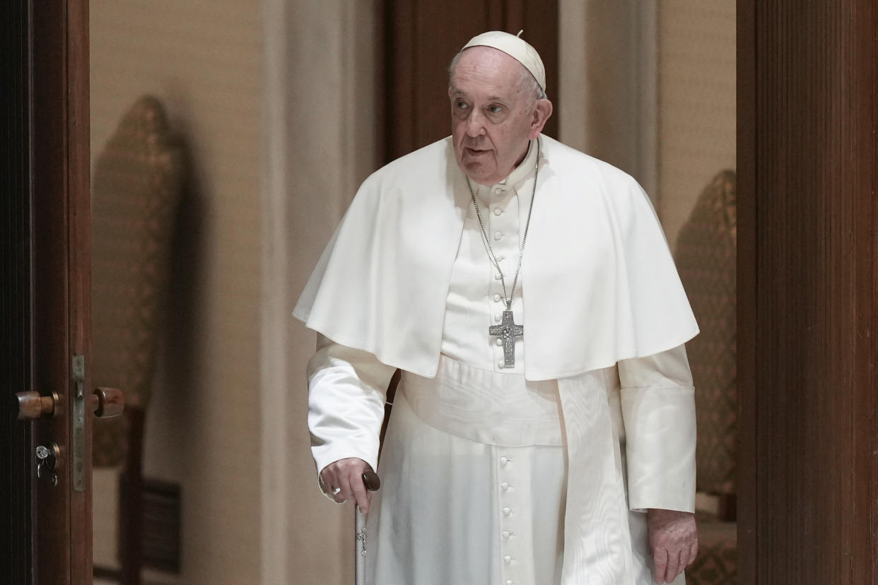 Pope Francis arrives for his weekly general audience in the Pope Paul VI hall at the Vatican, Wednesday, Jan. 4, 2023. (AP Photo/Andrew Medichini)